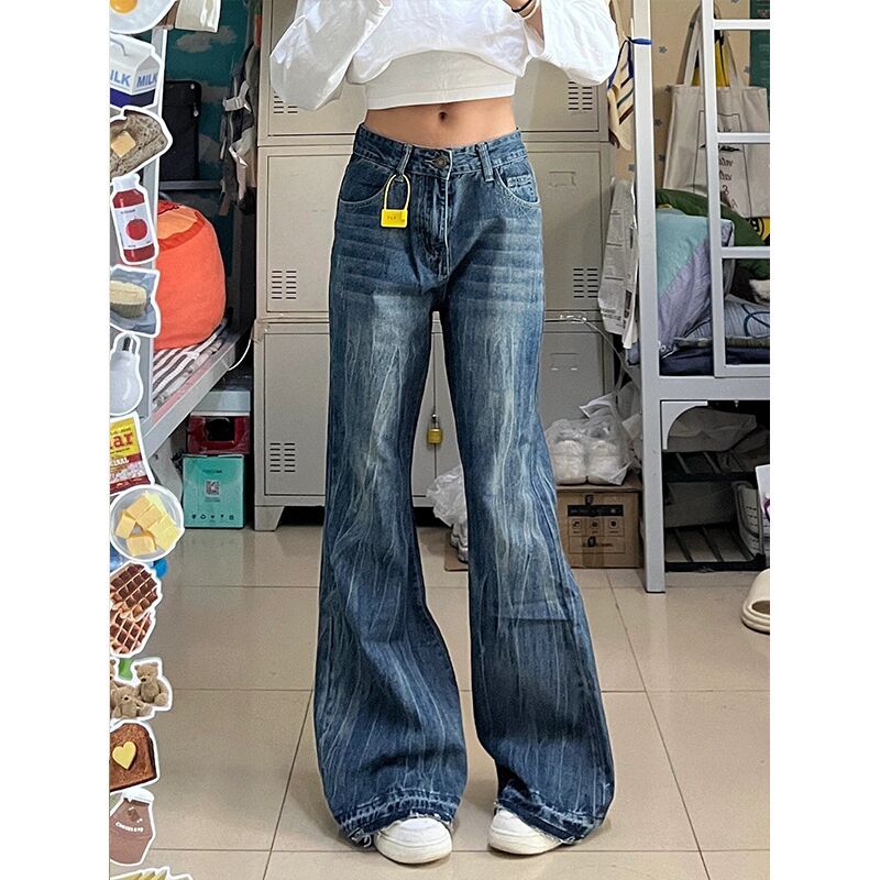 美式設計感毛邊微喇叭牛仔褲女秋冬新款高腰顯瘦加長闊腿拖地褲子