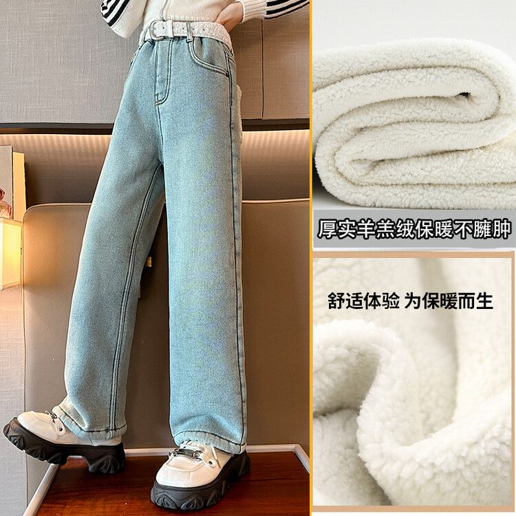 女童加絨褲子秋冬2023新款直筒褲冬季兒童中大童淺色闊腿褲加厚12