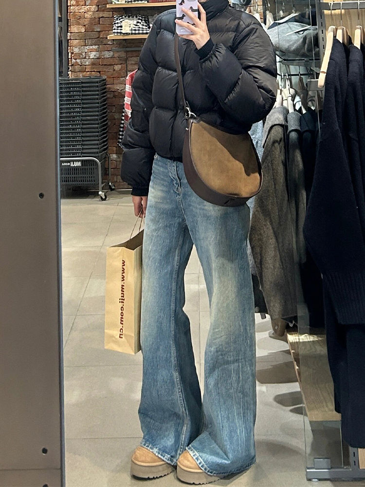 美式復古闊腿牛仔褲女冬季新款高腰寬鬆遮肉顯瘦百搭直筒拖地褲子