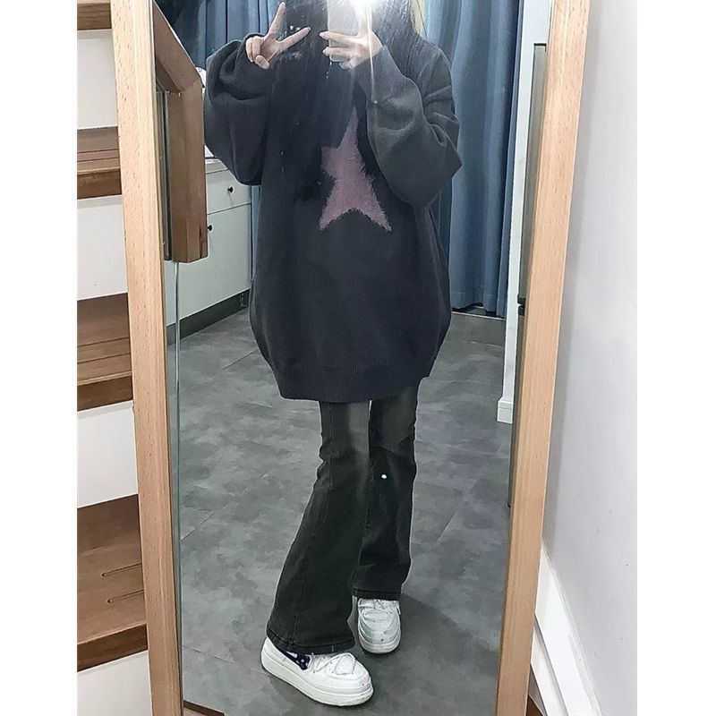 復古煙灰色微喇牛仔褲女2023秋冬修身顯瘦彈力拖地馬蹄褲高腰長褲