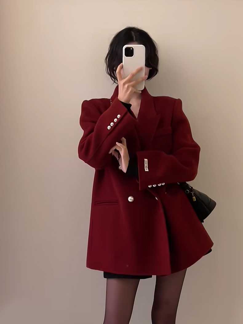 2023冬季新款時尚聖誕呢子大衣戰袍女韓系復古高級顯瘦紅色外套女