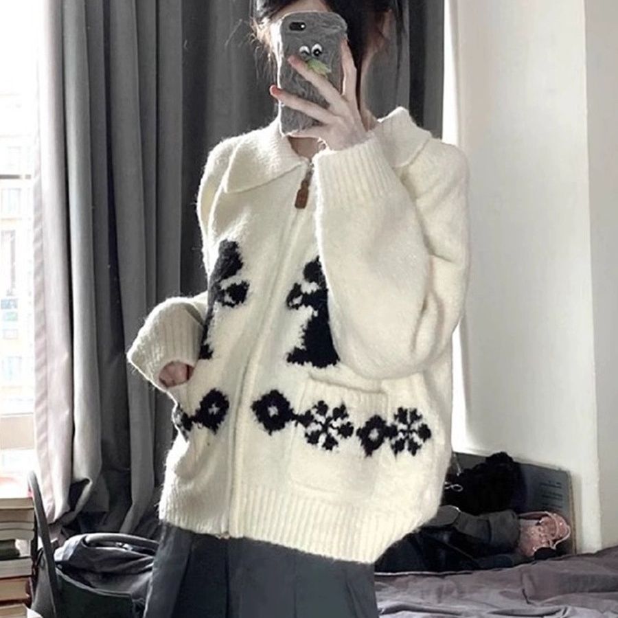 Rabbit Jacquard Lapel Zipper Sweater Jacket Women's Autumn and Winter Retro Lazy Style Contrast Color Soft Waxy Knitted Cardigan