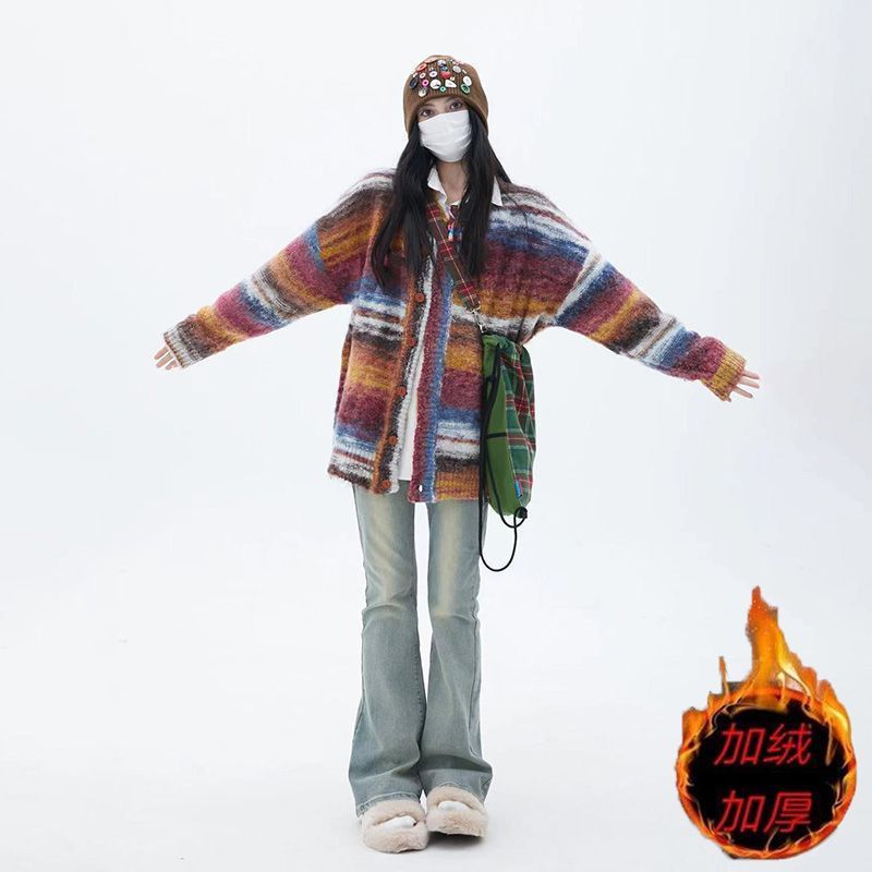 復古水洗做舊黃泥染微喇叭牛仔褲女加絨加厚百搭彈力顯瘦馬蹄長褲