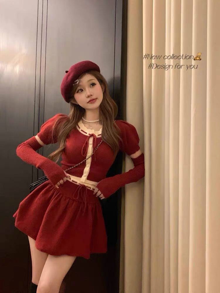 紅色系帶袖套泡泡袖針織開衫上衣女秋冬季套裝a字半身裙子兩件套