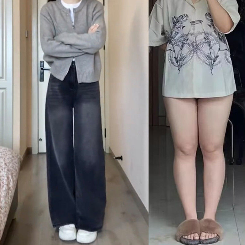 大碼胖mm美式復古闊腿牛仔褲女秋冬加絨高腰寬鬆垂感拖地直筒褲潮