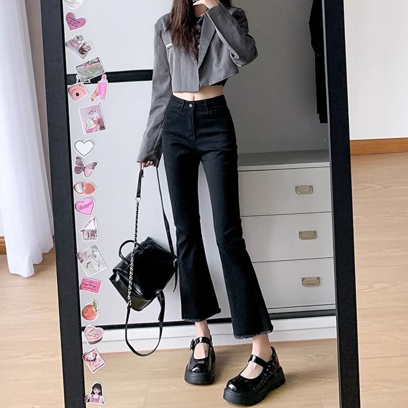 Black eight-nine-point petite flared trousers, jeans, slim fit and nine-point new style, stretchy high waist, slim and fragrant