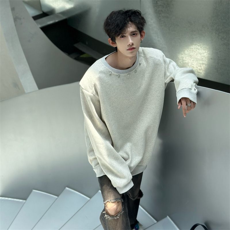 High-end shoulder padded heavyweight sweatshirt for men in spring and autumn American high street solid color bottoming shirt trendy brand handsome round neck top