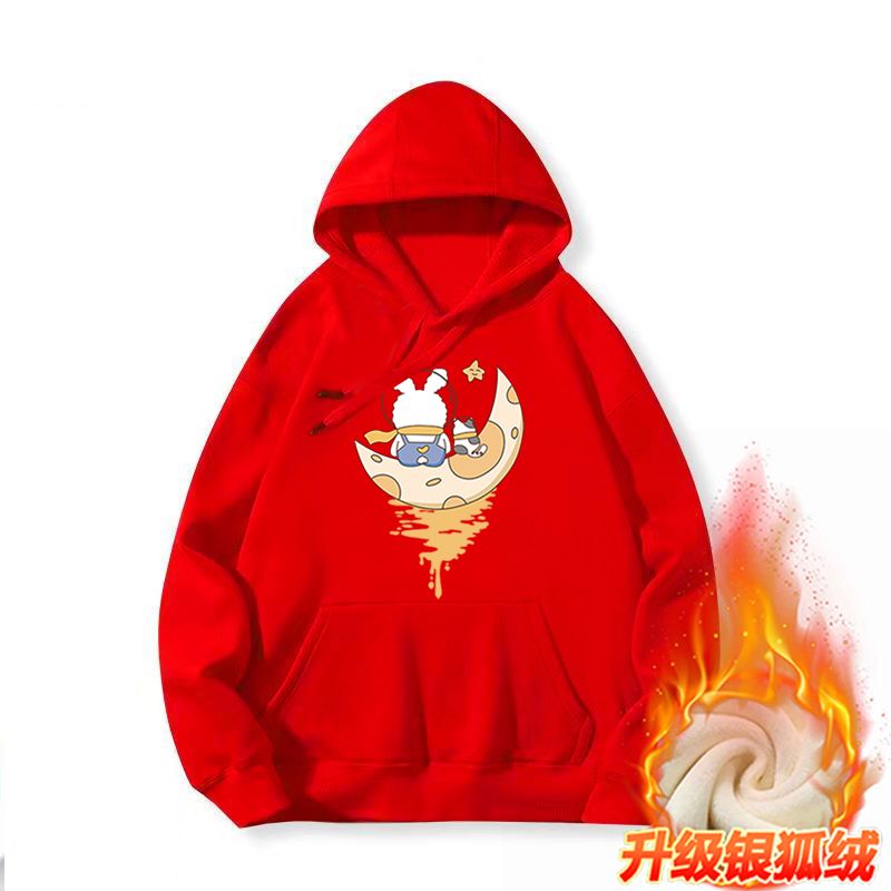 Girls sweatshirt winter new style plus velvet warm hooded fashionable loose red festive Chinese style bottoming shirt