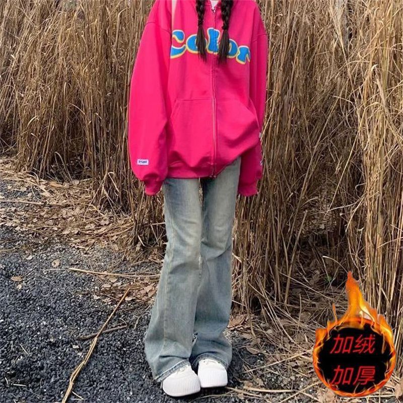 復古水洗做舊黃泥染微喇叭牛仔褲女加絨加厚百搭彈力顯瘦馬蹄長褲