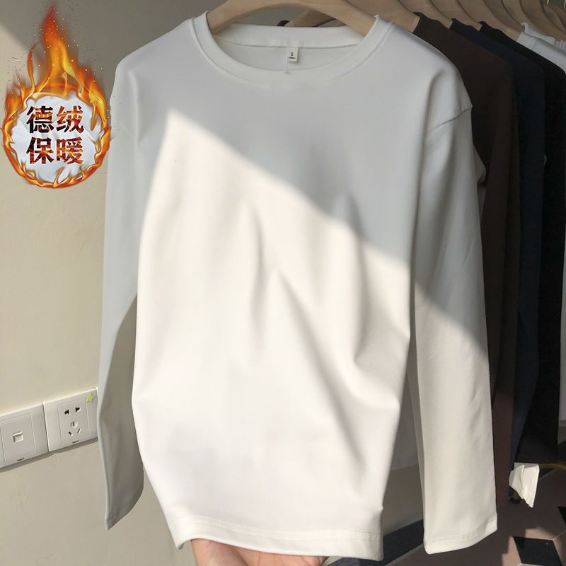 加厚雙面德絨圓領白色打底衫女加絨秋冬磨毛內搭純色常規T恤長袖