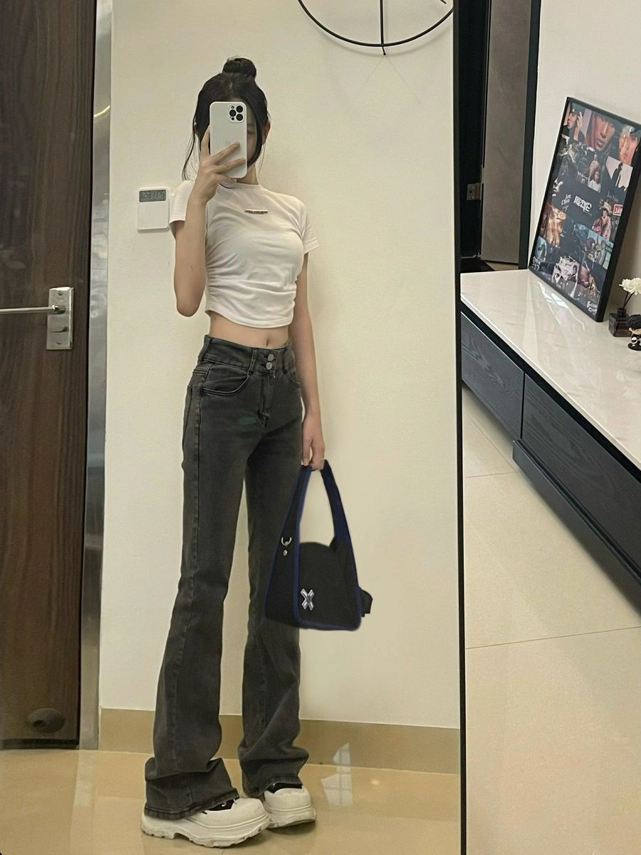 美式復古高腰微喇牛仔褲女秋冬新款高街水洗直筒顯瘦休閒拖地長褲