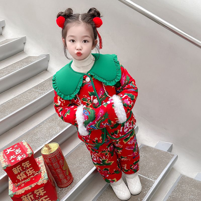 Northeastern Large Flowered Jacket Winter Children's Cotton Clothes Set 2023 New Thickened Girls Baby Flower Cotton Jacket Winter Clothes Trendy