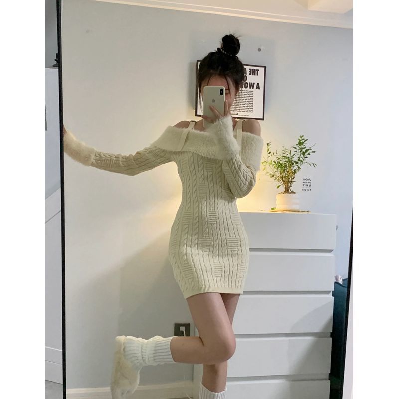 Hot girl temperament one-shoulder knitted sweater dress for women to wear with autumn and winter new sister sexy hip-hugging short skirt