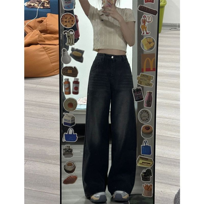 復古黑色系高腰闊腿牛仔褲女秋冬季新款韓版休閒直筒顯瘦寬鬆長褲