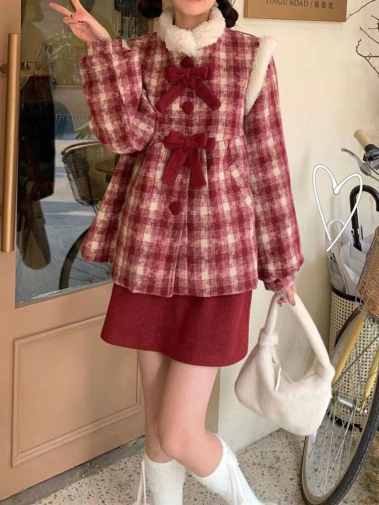 毛呢外套女2023秋冬新款格子新年紅袍紅色短款毛絨絨半身裙倆件套