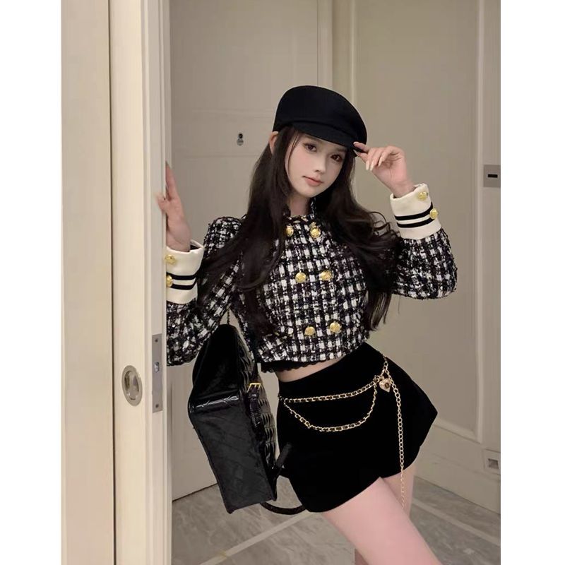 法式富家千金套裝小香風黑色短款外套女裝秋冬高腰短褲氣質兩件套