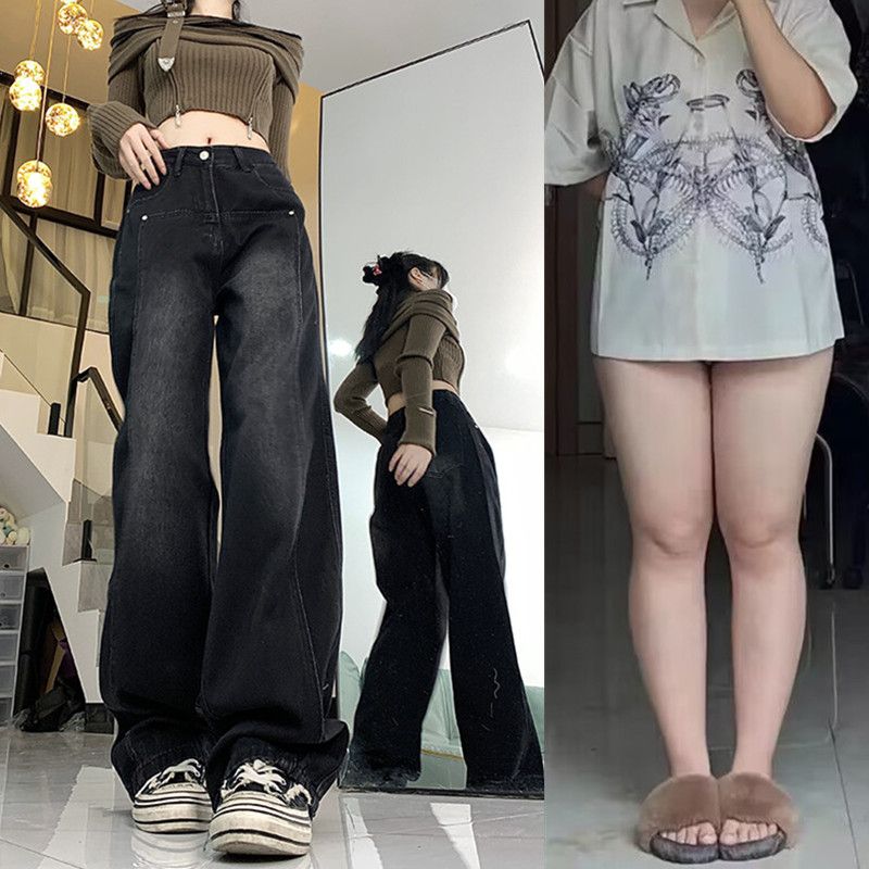 大碼胖mm設計感牛仔褲女秋冬季加厚加絨高腰寬鬆顯瘦直筒闊腿褲子