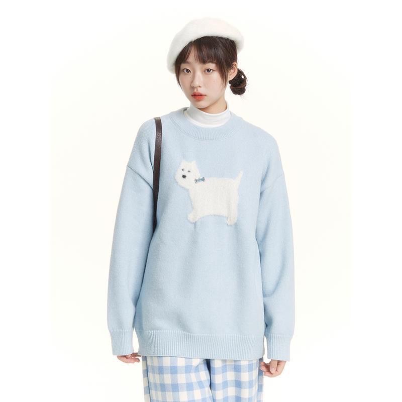 可愛套頭毛衣女秋冬季慵懶風甜美童趣提花日系復古溫柔針織衫上衣