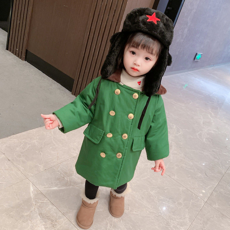 女童棉服冬装中长款儿童军大衣加绒加厚外套宝宝冬季东北军绿棉衣