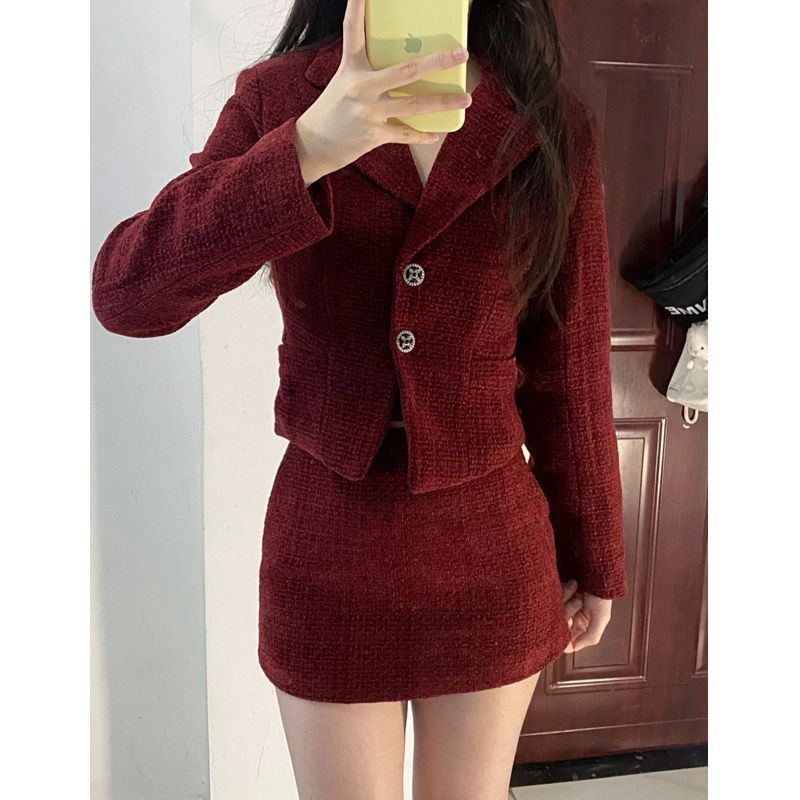 套裝女2023秋冬新款氣質高級感紅色收腰短款西裝外套高腰包臀短裙
