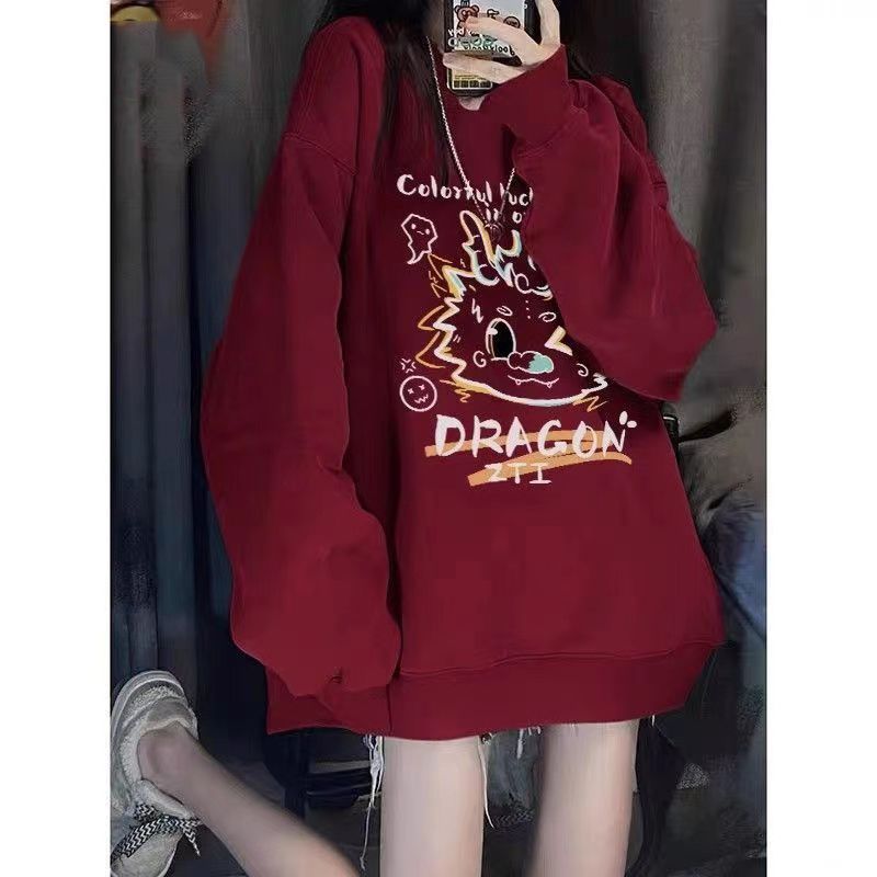 龍年酒紅色衛衣女秋冬oversize寬鬆復古美式加絨無帽圓領情侶上衣