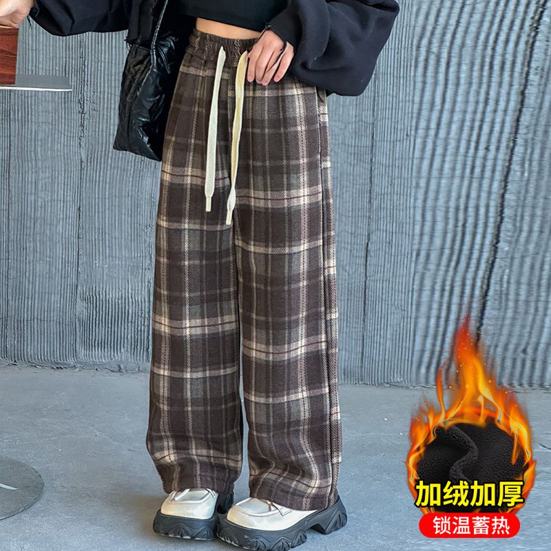 女童冬季加絨褲子2023新款兒童洋氣加厚闊腿褲中大童一體絨直筒褲