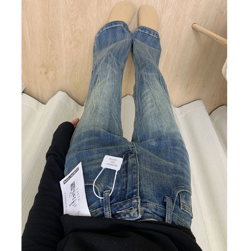 做舊微喇牛仔褲女小個子復古高腰顯瘦喇叭褲子修身直筒拖地長褲潮