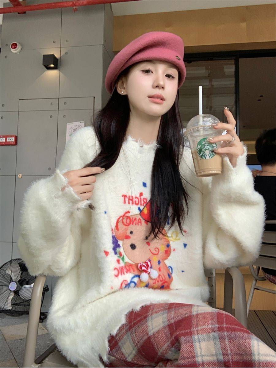 23秋冬季新款寬鬆慵懶風甜美軟糯聖誕風提花保暖針織衫毛衣上衣女
