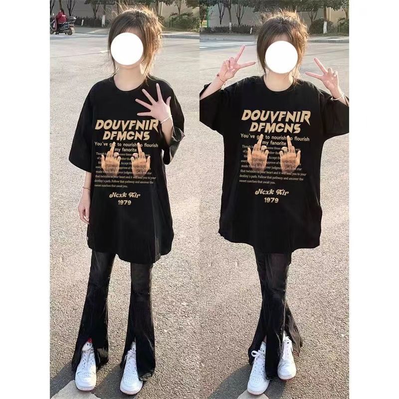 100%純棉黑色短袖t恤女美式高街oversize寬鬆字母印花上衣服潮流