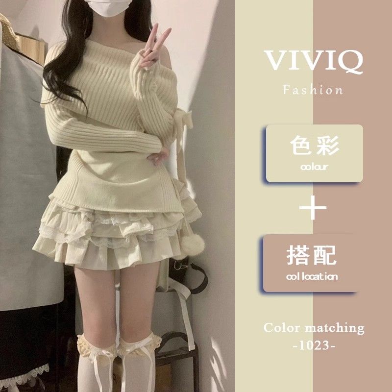 甜辣純欲套裝女秋冬季奶系穿搭一字肩針織衫蛋糕蓬蓬短裙子兩件套