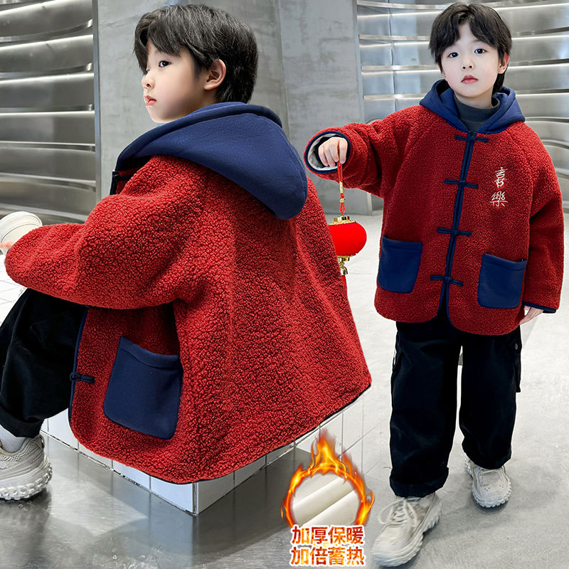 男童外套2023毛衣新款儿童唐装男孩冬装汉服加绒拜年加厚冬季洋气