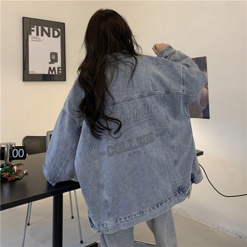 American retro denim jacket for women spring and autumn BF loose printed design student versatile long-sleeved jacket trendy top