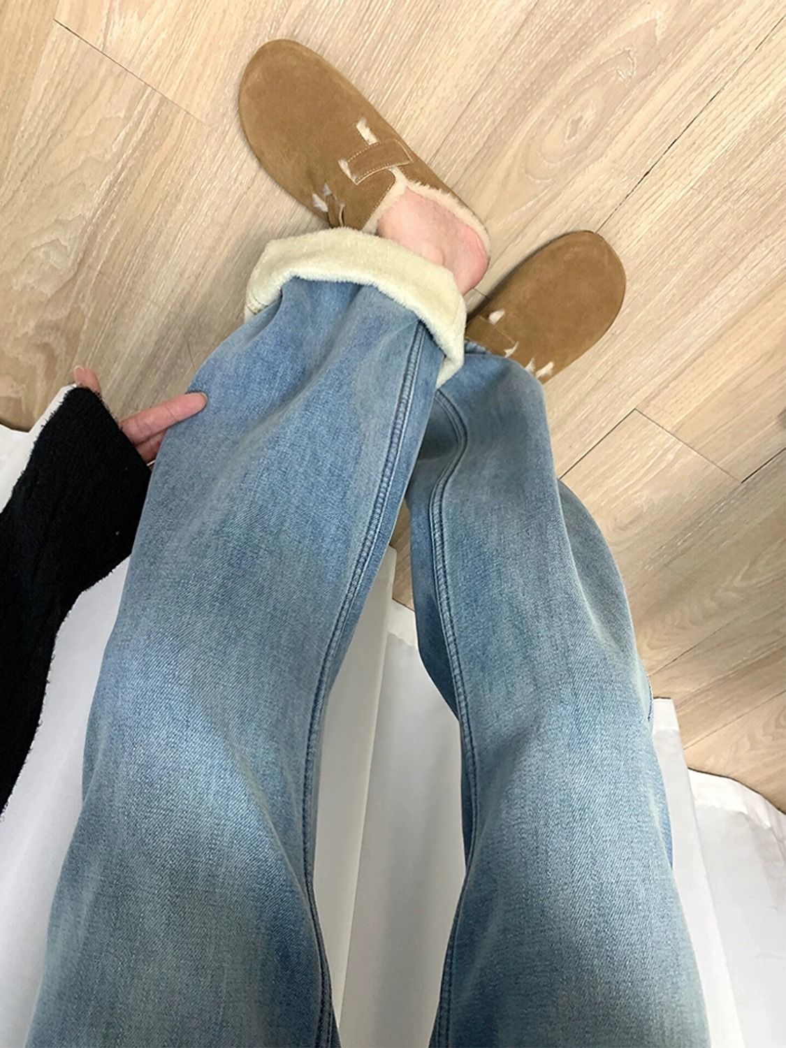 加絨加厚牛仔褲女冬季新款梨形身材顯瘦大碼高腰復古寬鬆直筒褲子
