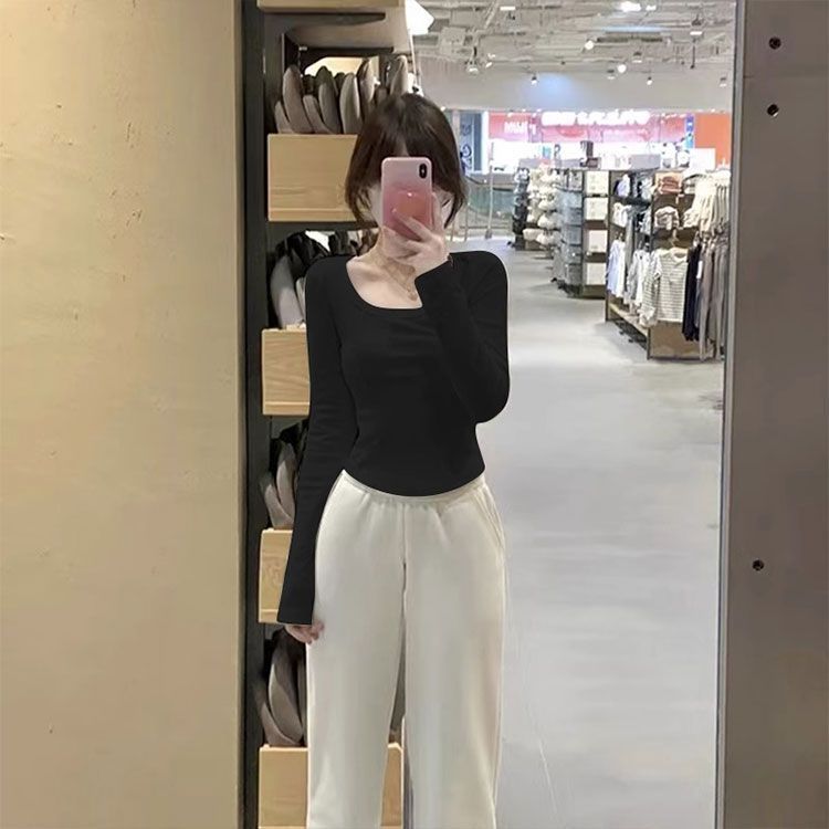 純欲風U領純色長袖T恤女秋季新款修身顯瘦短款打底內搭上衣潮ins