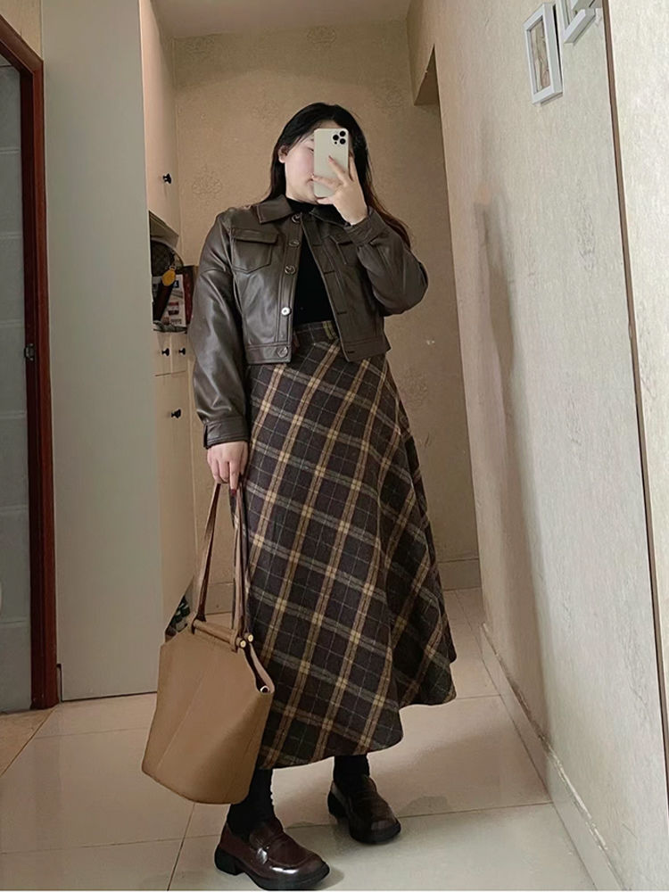 大碼女裝慵懶針織毛衣外套秋冬高腰顯瘦格子毛呢半身裙秋冬套裝女