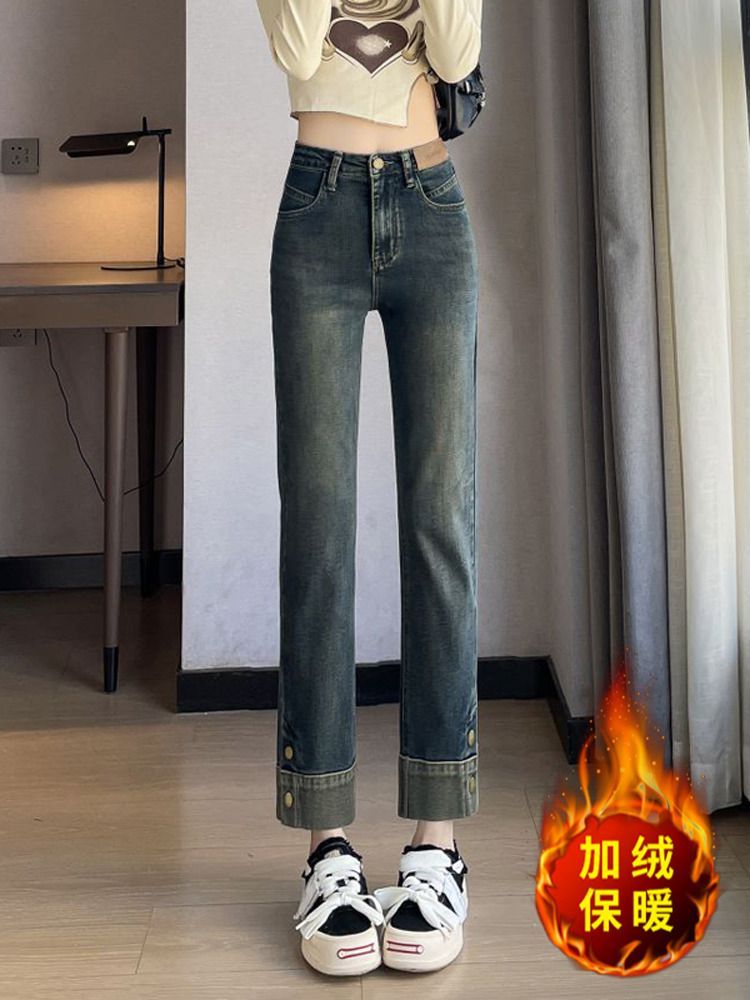 加絨加厚直筒牛仔褲女2023年秋冬新款小個子顯瘦高腰九分煙管褲子