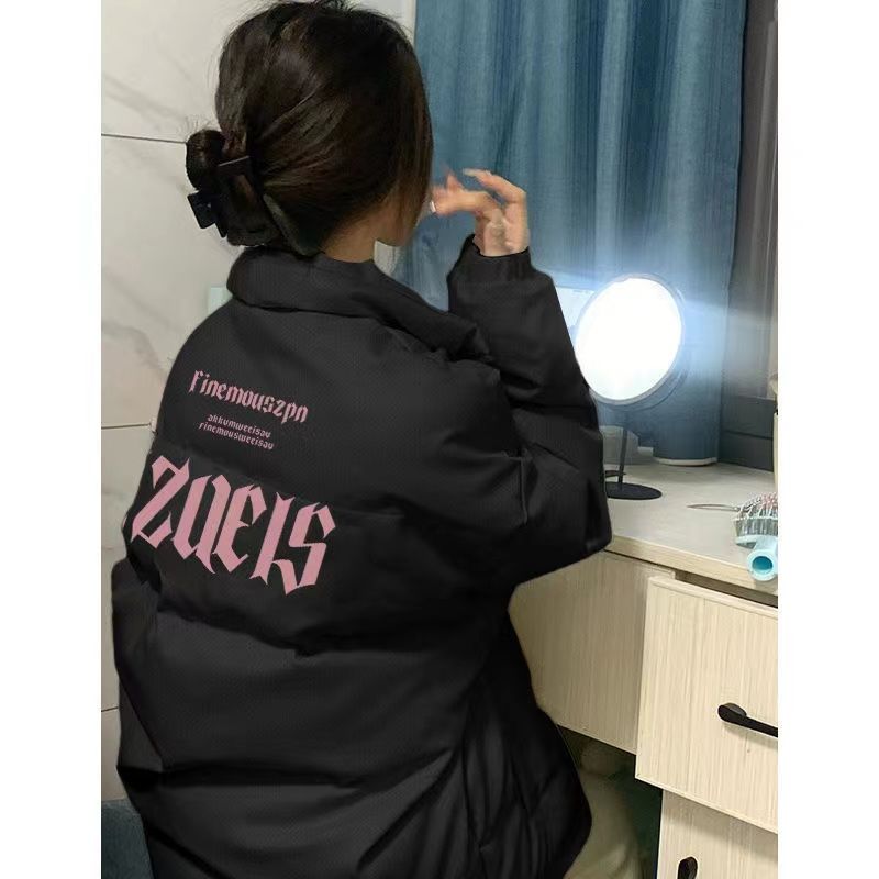 New college style ins super hot printed zipper thickened cotton jacket for women loose winter drape warm stand collar jacket