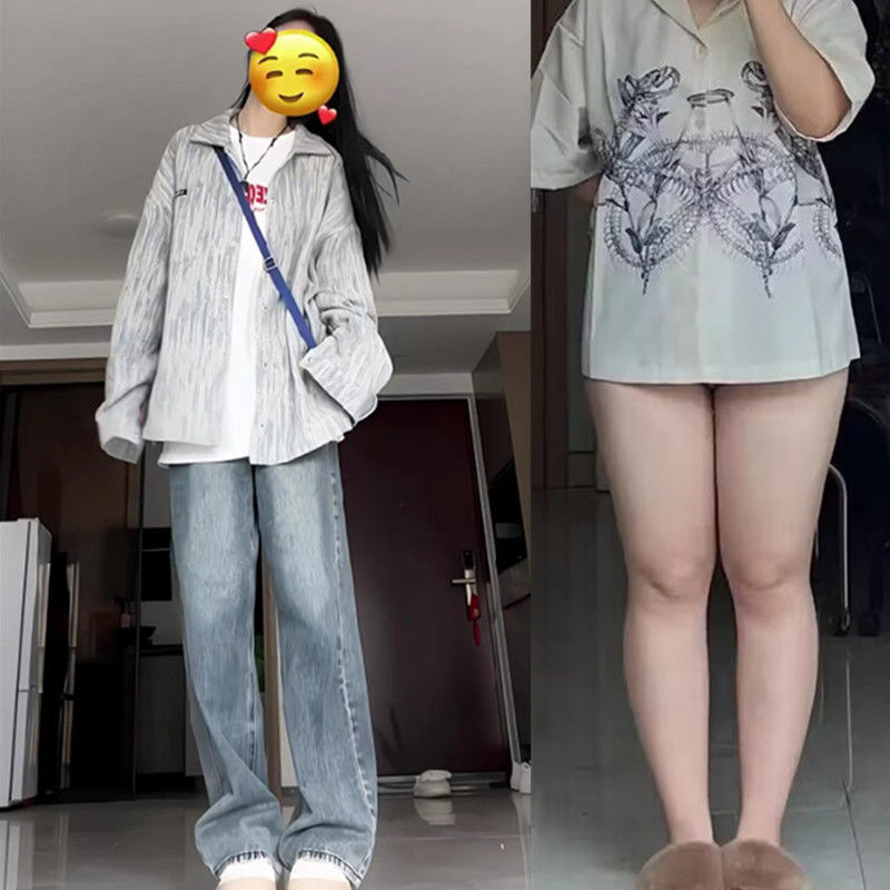 大碼胖mm美式復古高腰直筒牛仔褲女春秋寬鬆顯瘦遮跨闊腿拖地褲子