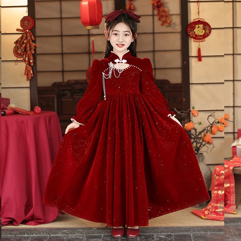 女童冬季紅色連衣裙2023新款洋氣秋冬加絨裙子兒童冬裝中大童秋裝