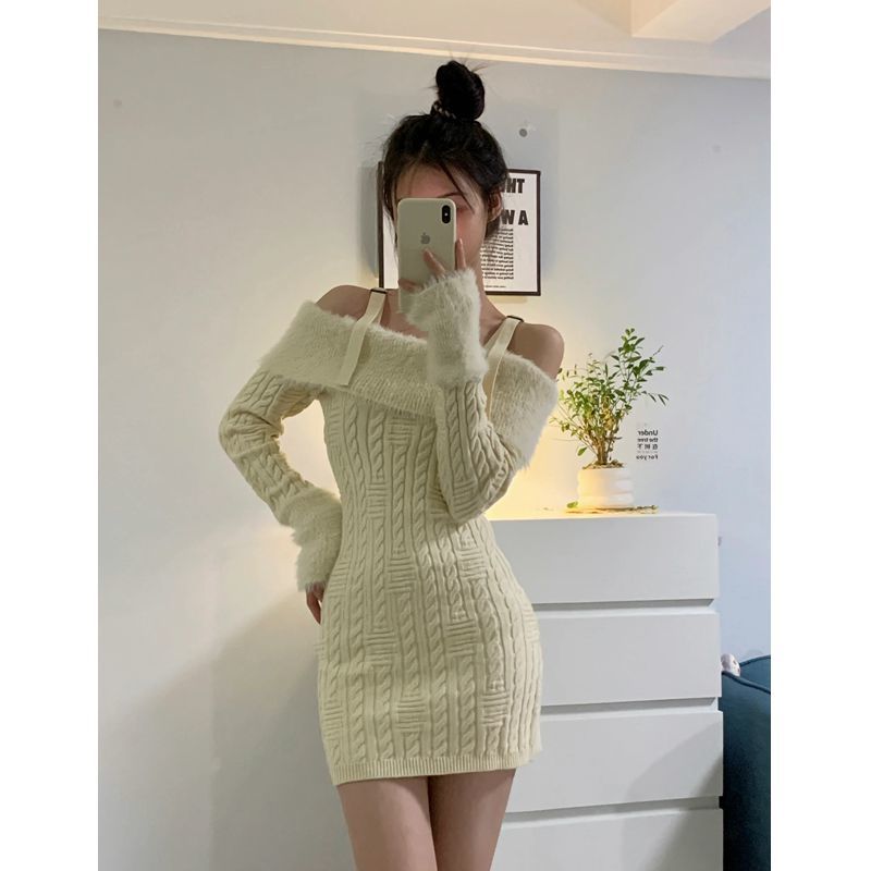 Hot girl temperament one-shoulder knitted sweater dress for women to wear with autumn and winter new sister sexy hip-hugging short skirt