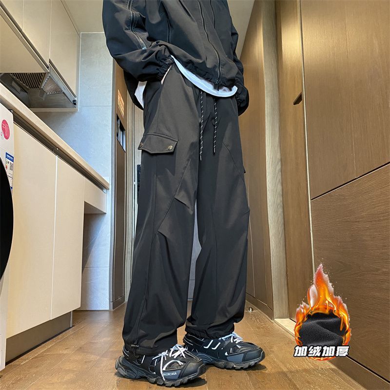 黑色防水衝鋒褲男款冬季加絨保暖防風登山褲子美式高街直筒工裝褲