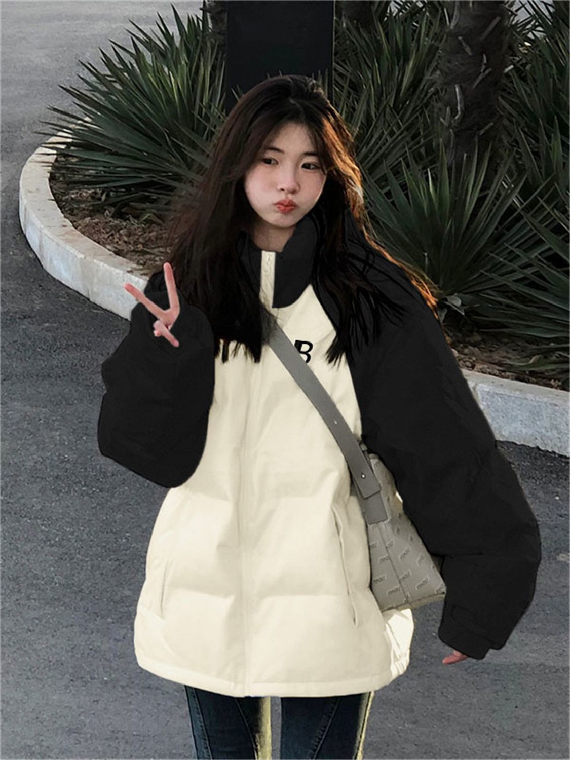 韩版拼色字母印花潮牌棉服女学生冬季新款加厚宽松棉衣外套面包服