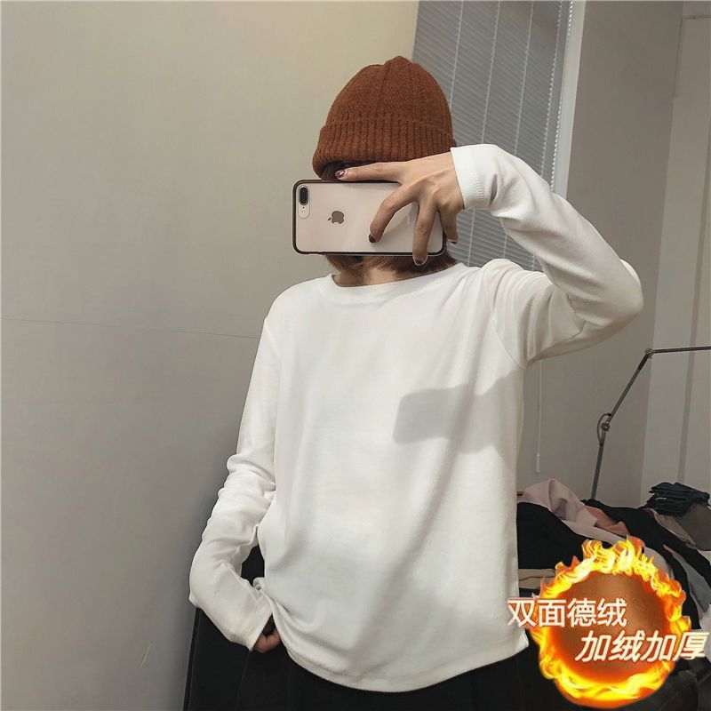 新款加絨德絨白色打底衫女內搭疊穿秋冬寬鬆上衣純色保暖長袖T恤