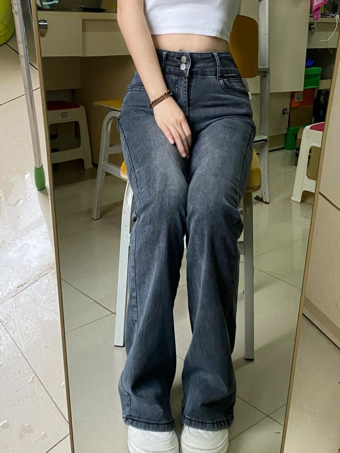 黑灰色復古牛仔褲女秋冬新款韓版休閒微喇叭褲高腰顯瘦修身馬蹄褲