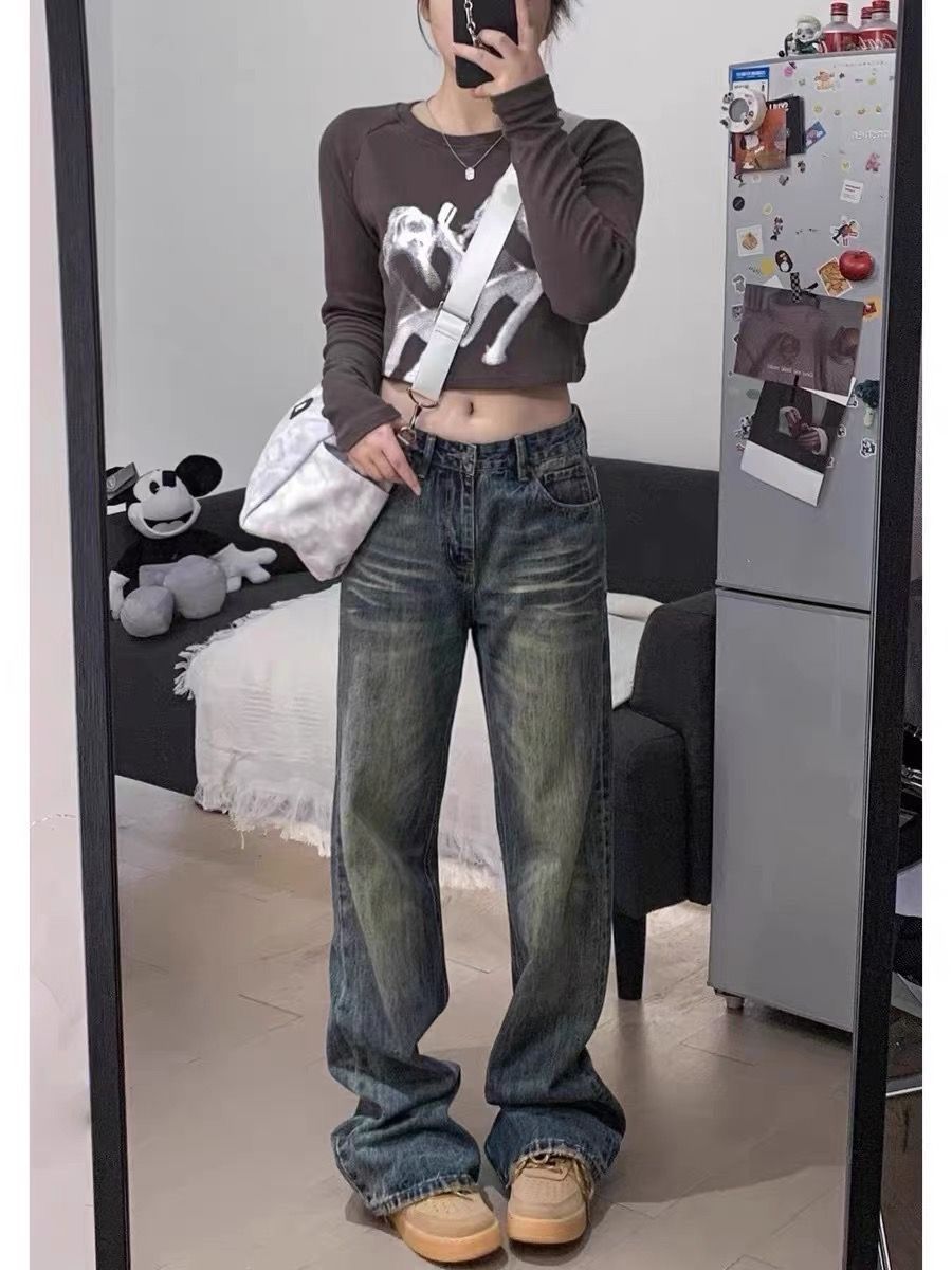 美式復古窄版直筒牛仔褲女春季新款高街水洗寬鬆顯瘦闊腿拖地長褲
