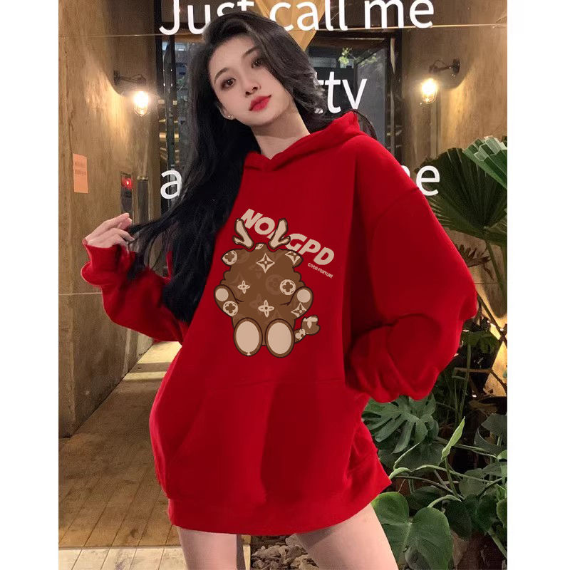 本命年龍年衣服秋冬季款2024過新年紅色衛衣戰袍時尚女裝加絨外套