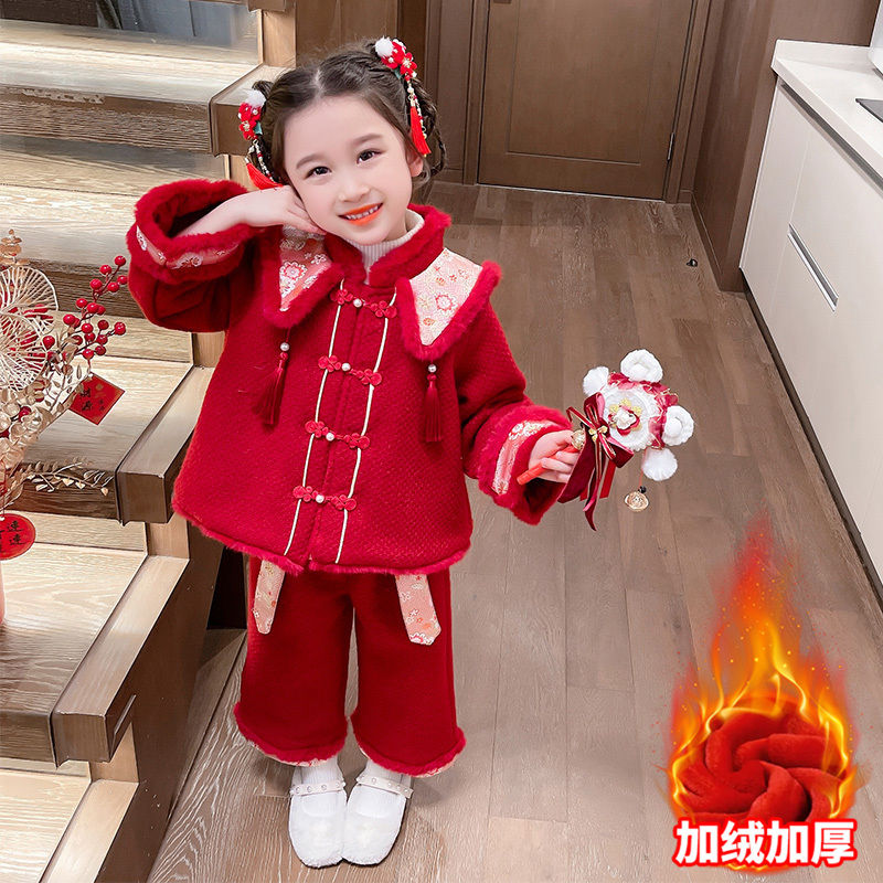 拜年服女童套裝冬季2024新款兒童洋氣過年龍年女寶寶紅色新年衣服