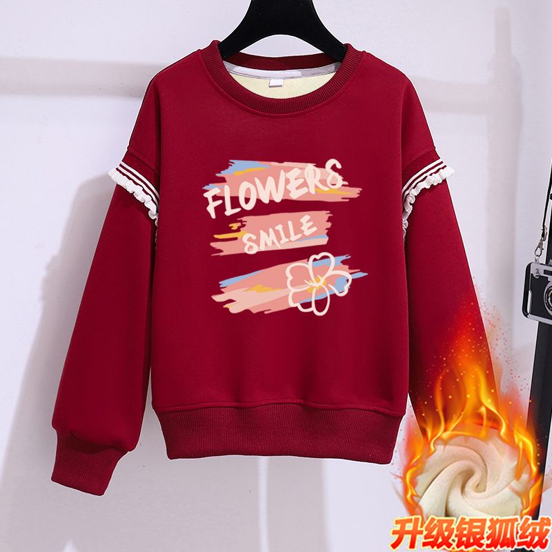 Children's sweatshirt winter new red Chinese trend style splicing lace girls loose casual plus velvet bottoming shirt