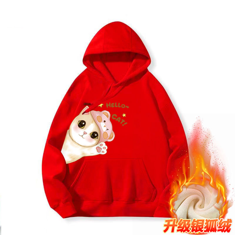 Girls sweatshirt winter new style plus velvet warm hooded fashionable loose red festive Chinese style bottoming shirt