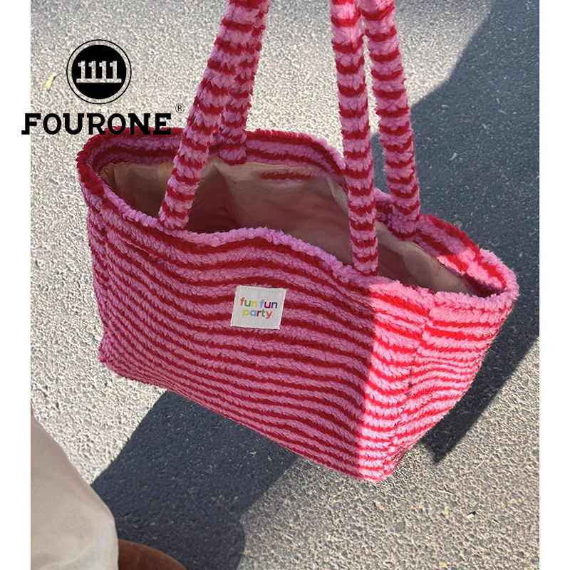 Striped Plush Bag Women's New Trendy College Style Tote Bag Large Capacity Portable Lamb Wool Bag